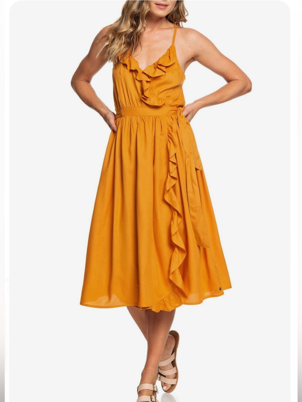 Roxy Rooftop Sunrise Yellow Halter Midi Dress with Ruffles Size M - Picture 2 of 15